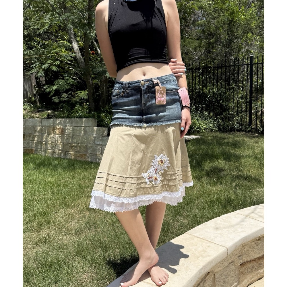 NWT Y2K 90s Style Candies Skirt Sz 7 Blue Denim Lace Midi Layer Whimsigoth Fairy